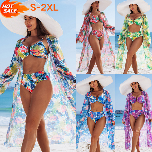 🩱🏖️【Komplet 3-częściowy】 【S-2XL】 Nowe, wysokiej jakości, modne, drukowane, trzyczęściowe bikini z wysokim stanem