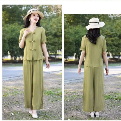 ✨【Majica + Hlače】💖Ljetni set kratkih rukava za žene srednjih godina: Košulja s V-izrezom i kopčanjem, elegantan i mladenački dvodijelni set