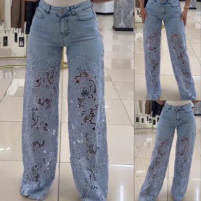 🔥Ograniczona ilość🔥【S-3XL】✨🌈2025 lato nowe modne swobodne oddychające damskie jeansy z koronkowymi przeszyciami