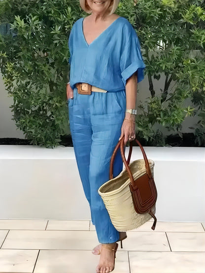 【S-5XL】Elegantni ženski set od lana i pamuka: široka bluza s V-izrezom i duge hlače, mekan, prozračan i hladan materijal