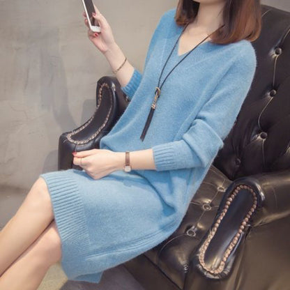 ✨【S-4XL】Nowa dzianinowa sukienka midi na jesień/zimę dla puszystych z dekoltem w serek